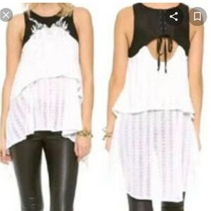 Free People White Black Faux Leather Sheer Sweater Ruffle Lace Up Back Size XS